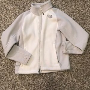 The North Face white and grey fleece jacket